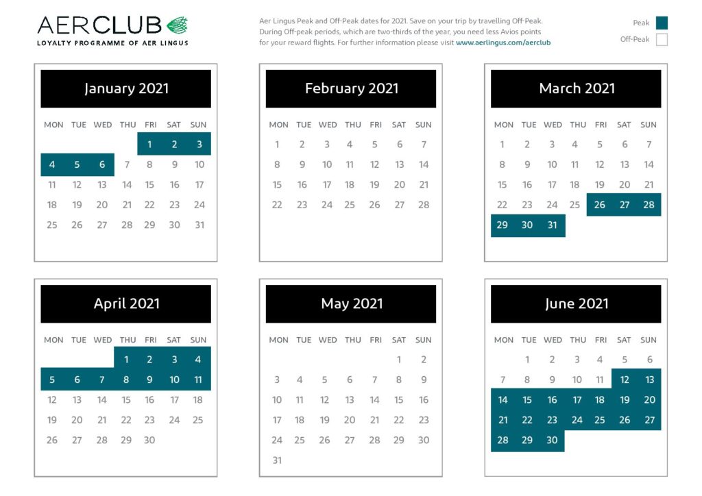 5 Best Ways To Use Aer Lingus Avios featured by top US travel blog Points With Q, image: Aer Lingus 2021 Award Calendar