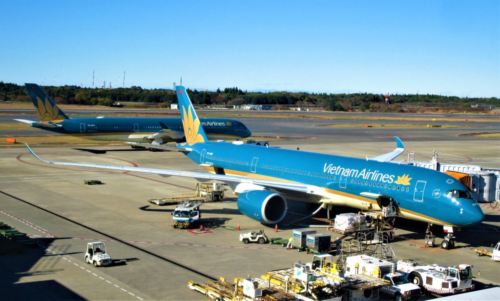 Vietnam Travel featured by top US travel blog, Points with Q: image of Vietnam Airlines Double Airbus A350 Narita International Airport