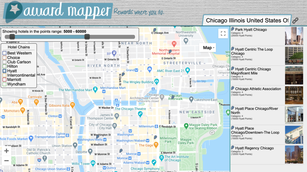 How to Find the Best Hyatt Hotel Deals on AwardMapper featured by top US travel blog Points With Q, image: AwardMapper Chicago Search Results