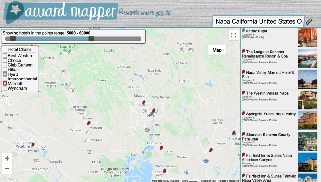 How to Find the Best Hyatt Hotel Deals on AwardMapper featured by top US travel blog Points With Q, image: AwardMapper Napa California Hotel Search