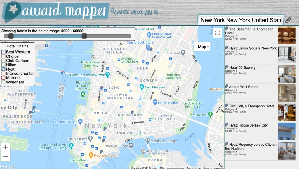 How to Find the Best Hyatt Hotel Deals on AwardMapper featured by top US travel blog Points With Q, image: AwardMapper New York City Hyatt Hotel Search Results