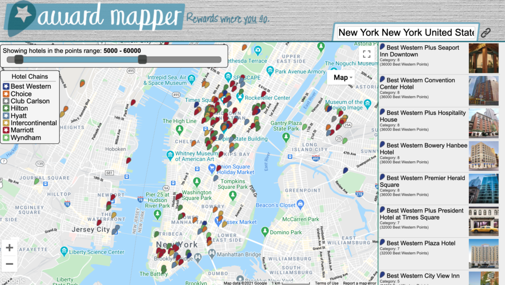 How to Find the Best Hyatt Hotel Deals on AwardMapper featured by top US travel blog Points With Q, image: AwardMapper New York City Search Results
