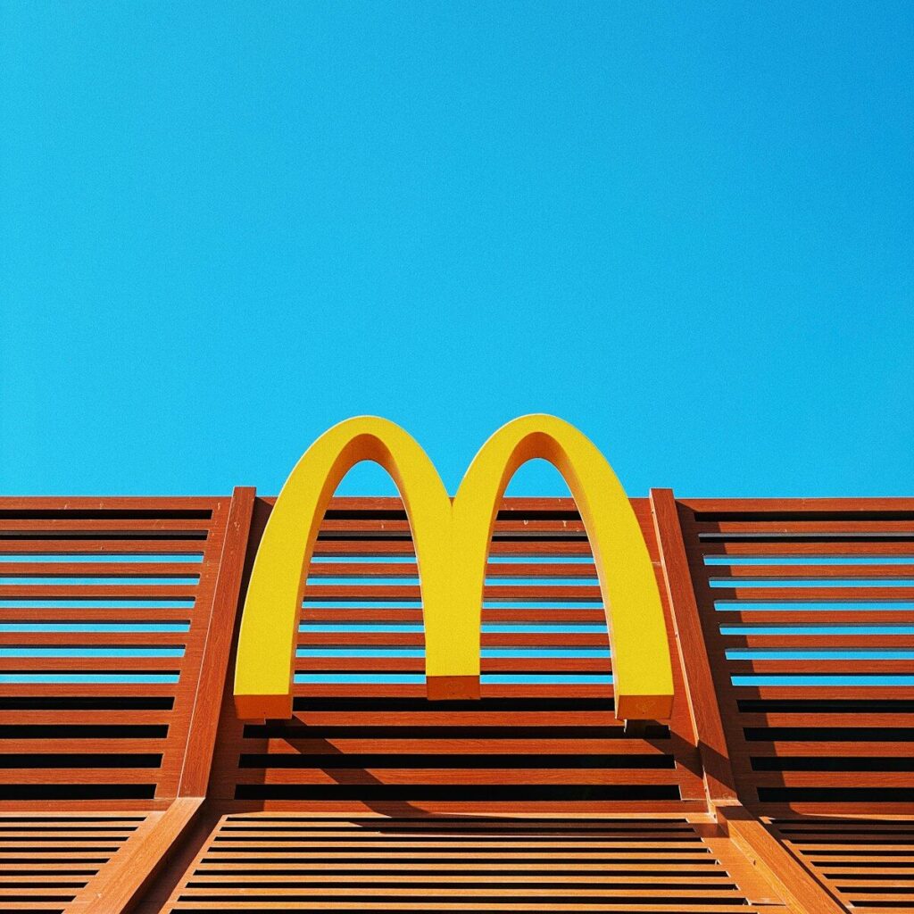 Ray Kroc lessons a wooden bench with a mcdonald's logo on it